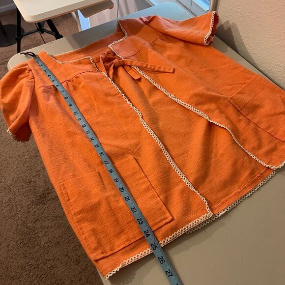 Handmade Orange Textured Two Bow Tie Puffed Short Sleeve Blouse Size Medium - Picture 9 of 11